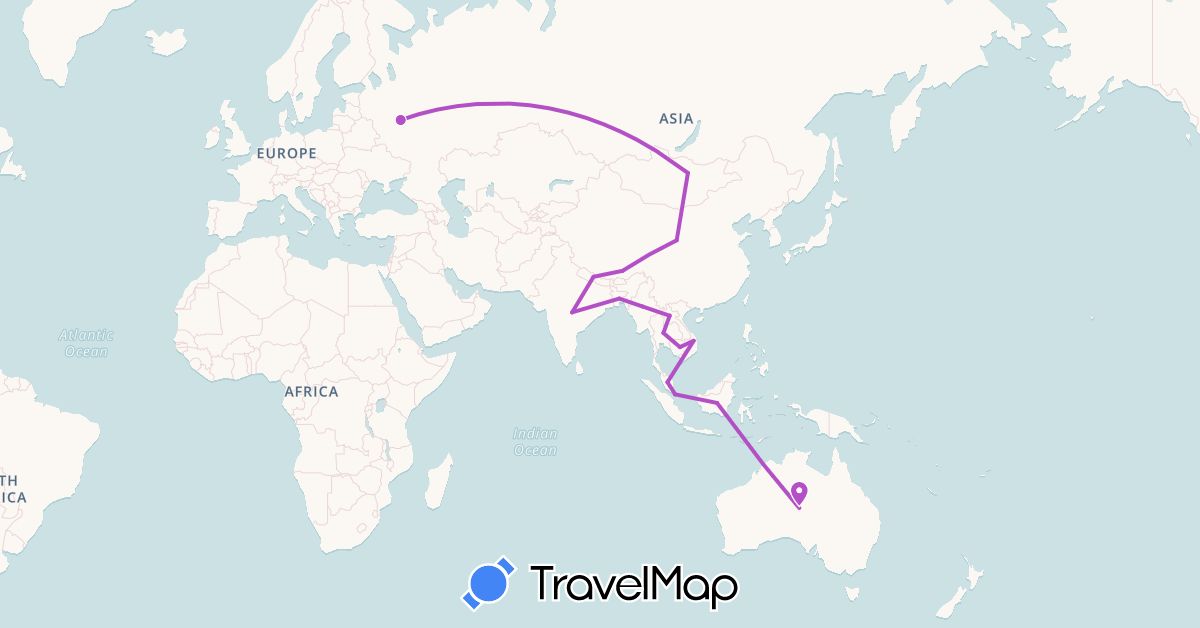 TravelMap itinerary: driving, train in Australia, Bangladesh, China, Indonesia, India, Cambodia, Laos, Myanmar (Burma), Mongolia, Malaysia, Nepal, Russia, Singapore, Thailand, Vietnam (Asia, Europe, Oceania)